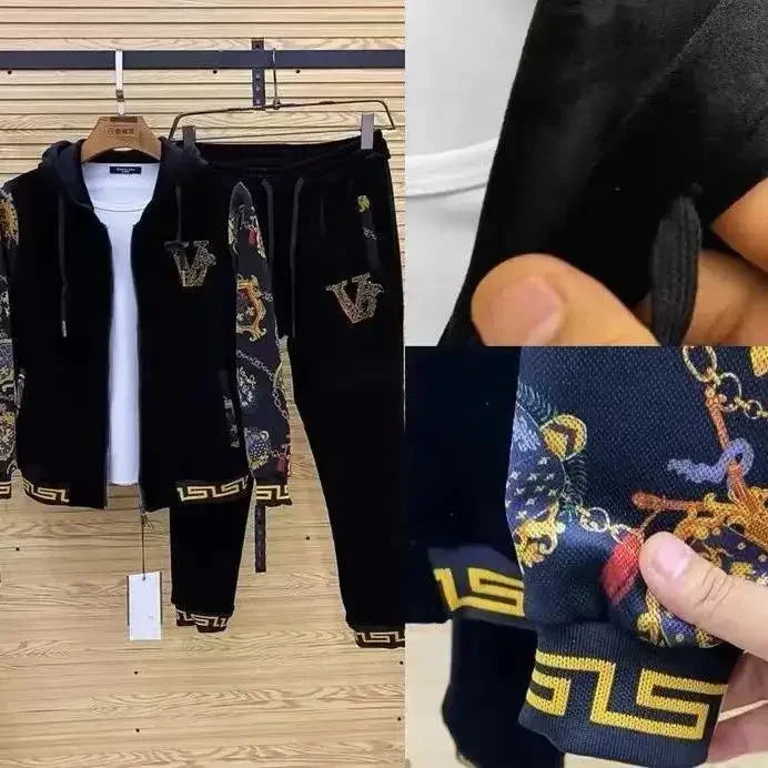 Men's Spring and Autumn Coat 2024 New Gold Velvet Casual Two-Piece Suit Pants Suit All-Match Fashion Fashion