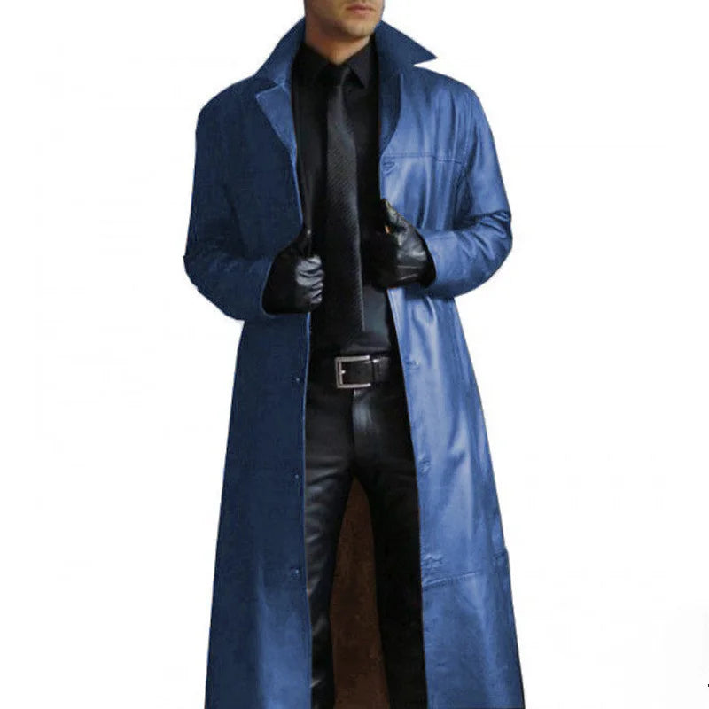 2026 Men Faux Leather Trench Fashion Long Sleeve Autumn Windbreaker Coat Slim Leather Long Leather Jacket Men's Jacket Outwear