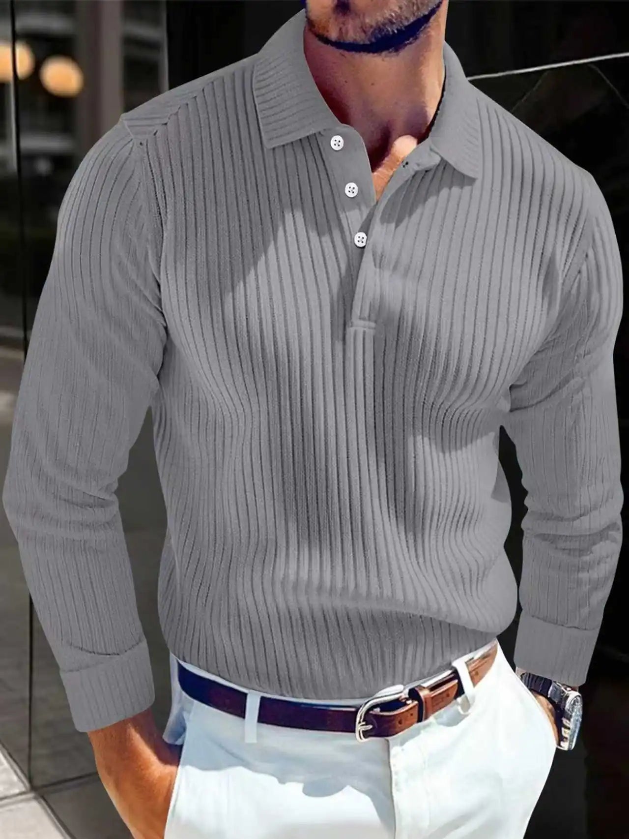 New Light Luxury Light Business Mature Casual Men Sports Retro Style Striped Fashion Men Outdoor Long Sleeve POLO Shirt