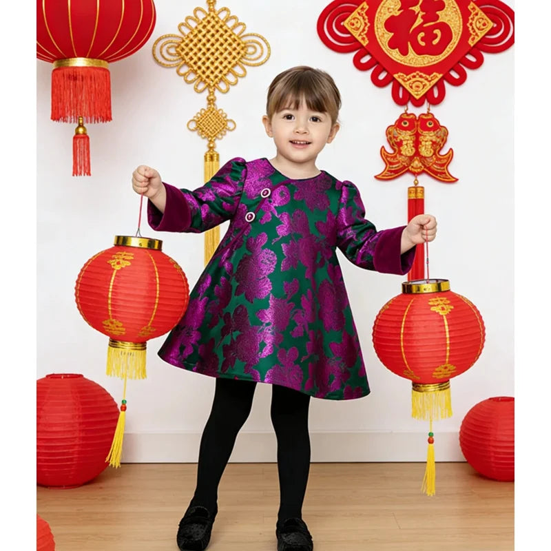 Girls'  Embroidered Tang Suit Velvet Sleeves High-Quality Princess Dress