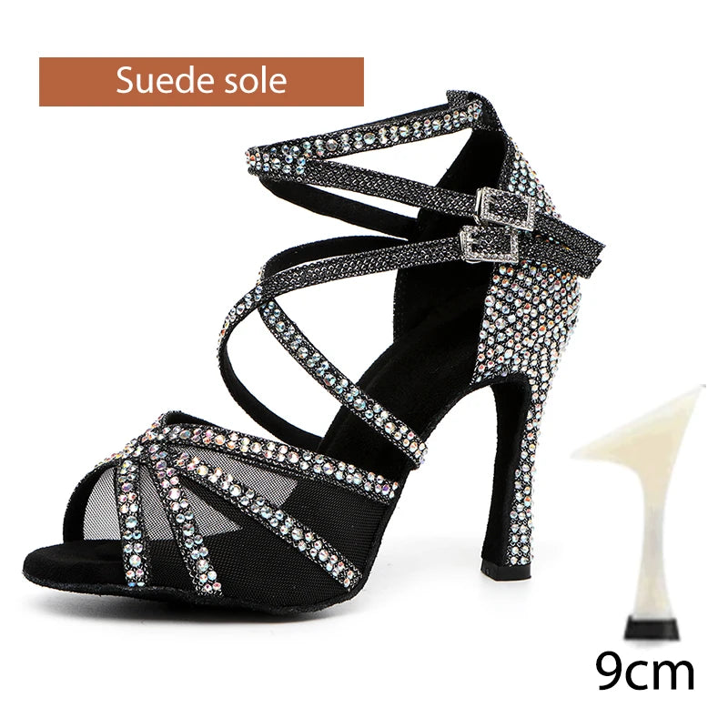 DKZSYIM Rhinestone Women Latin Dance Shoes Latin Salsa Girl Dancing Shoes Black Shiny Ballroom Dance Shoes For Girls Ladies