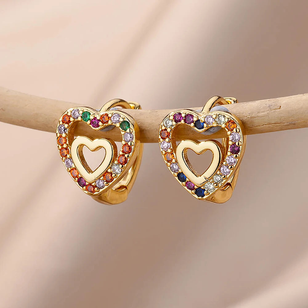 Hollow Zircon Heart Earrings For Women Stainless Steel Gold Color.