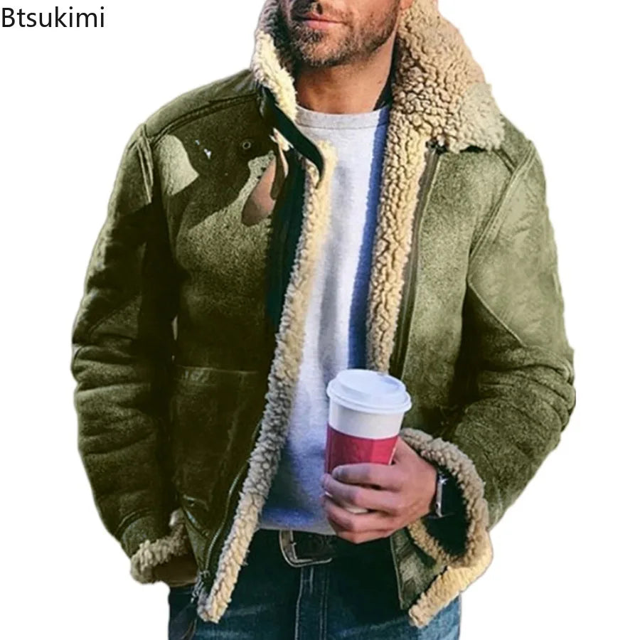 New Men's Winter Jacket Thick Warm Faux Leather Warm Coats Fashion Turn Down Collar Contrasting Color Suede Fur One-Piece Jacket