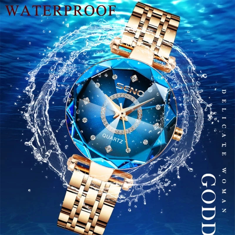 SENO Ocean Star Women Crystal Watch 2025 Top Brand Luxury Rose Gold Women Bracelet Watch For Ladies Wrist Watch Relogio Feminino