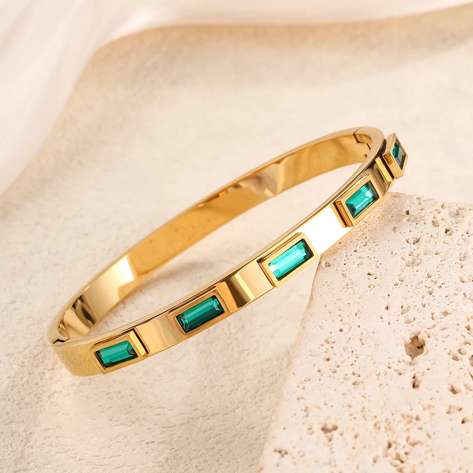 Yupsk 4pcs/1pcs Green Pink Zircon Stainless Steel Bracelet for Women Versatile Stacking Bangles Valentine's Day Jewelry Gift