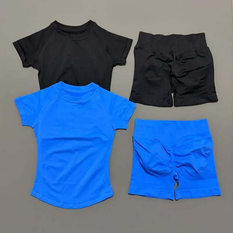 2 Pcs HISTELLO Impact Gym Sets Short Sleeve Seamless Yoga Clothing Fitness Set Women Workout Running Sports Short Leggings Suit