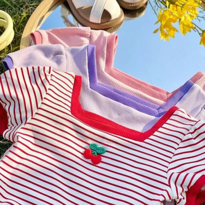 1-7Y Children's Short Sleeved T-shirt 2025 Summer New Girls Square Neck Shirts Cute Stylish Baby Breathable Half Dleeved Tops