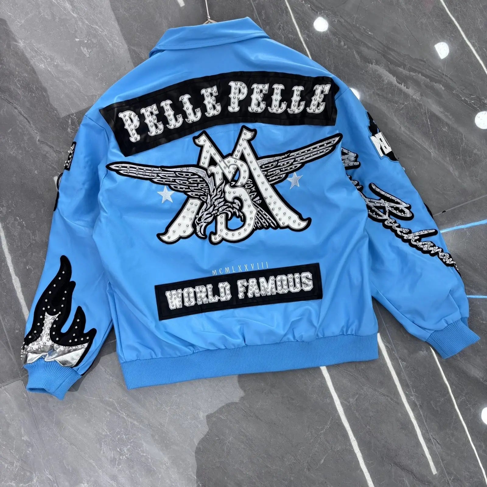 American retro cool design flame decoration hip-hop eagle nail motorcycle embroidery leather jackets winter version mens jacket