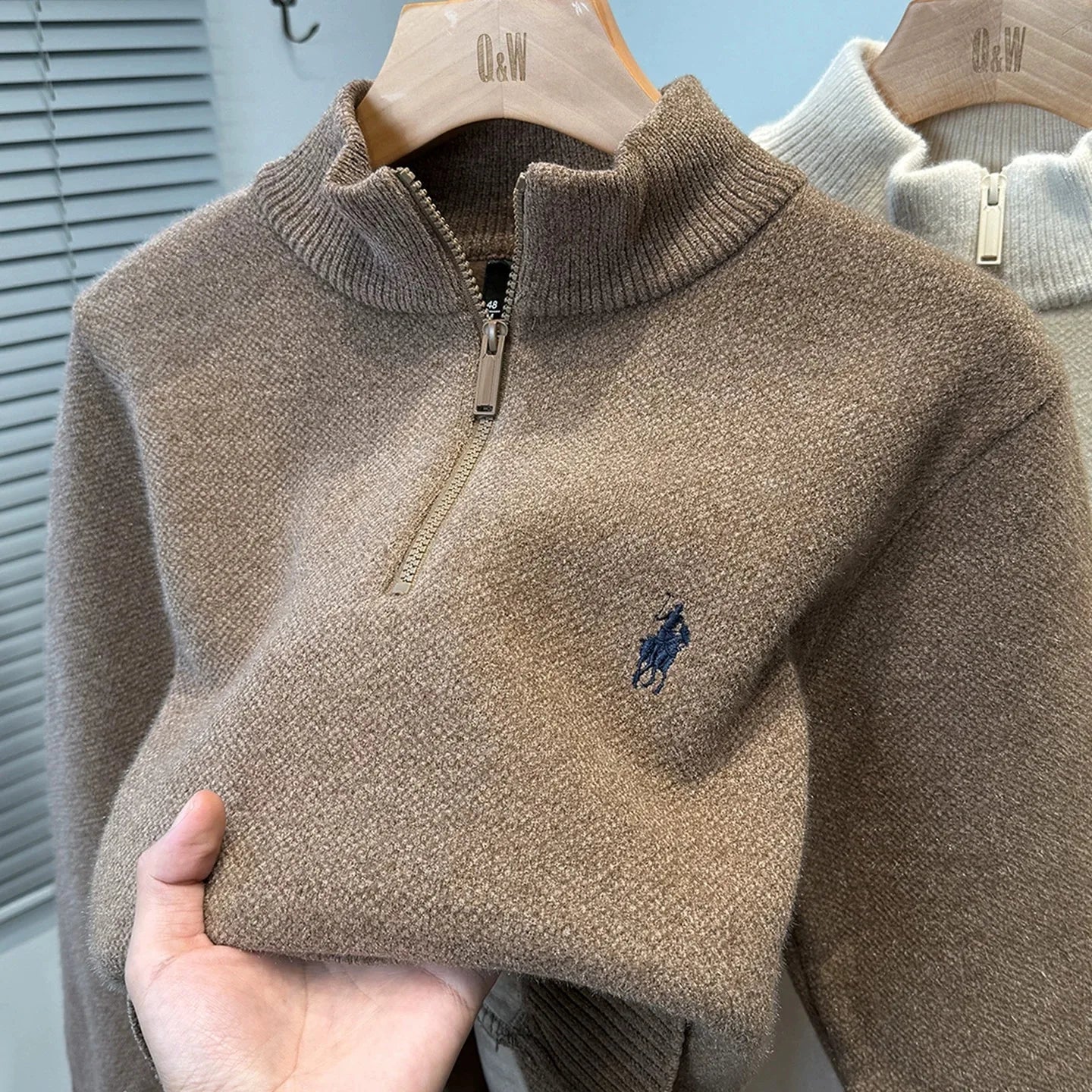 Luxury brand zipper semi high neck sweater men's high-end fashion ponytail golf embroidery winter new velvet warm knit pullover
