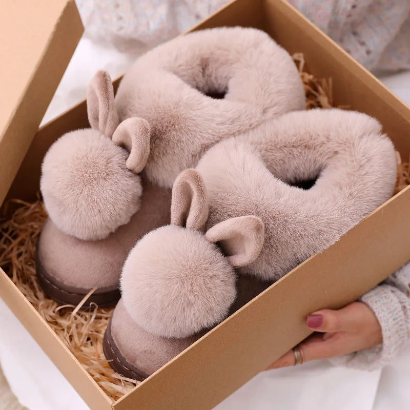 Winter Plush Slippers for Women & Men - Thick Sole Couple House Shoes, Cozy Faux Rabbit Fur Indoor Slides with Closed Back