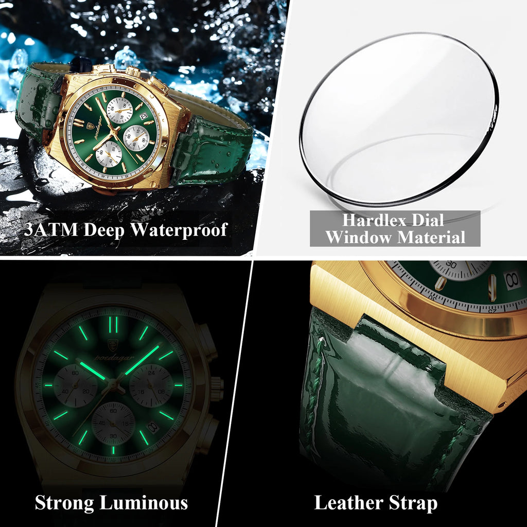 POEDAGAR Top Fashion Male Watch Waterproof Luminous Chronograph Date Quartz Men Wristwatch Leather Luxury Military Men's Watches
