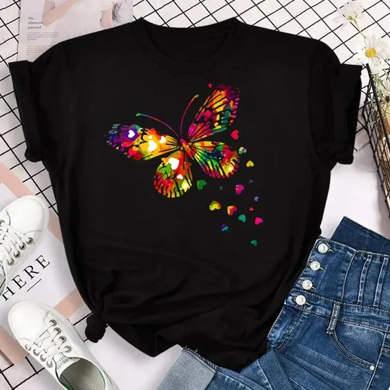 Colorful Butterfly Petal Print Short Sleeve and Round Neck Cute Graphic Tee Shirts Female Tops Clothing .