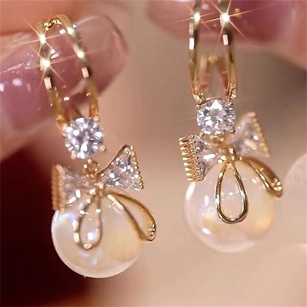 Crystal Bow Earrings with Natural Stone Drop Design Gold Korean Style