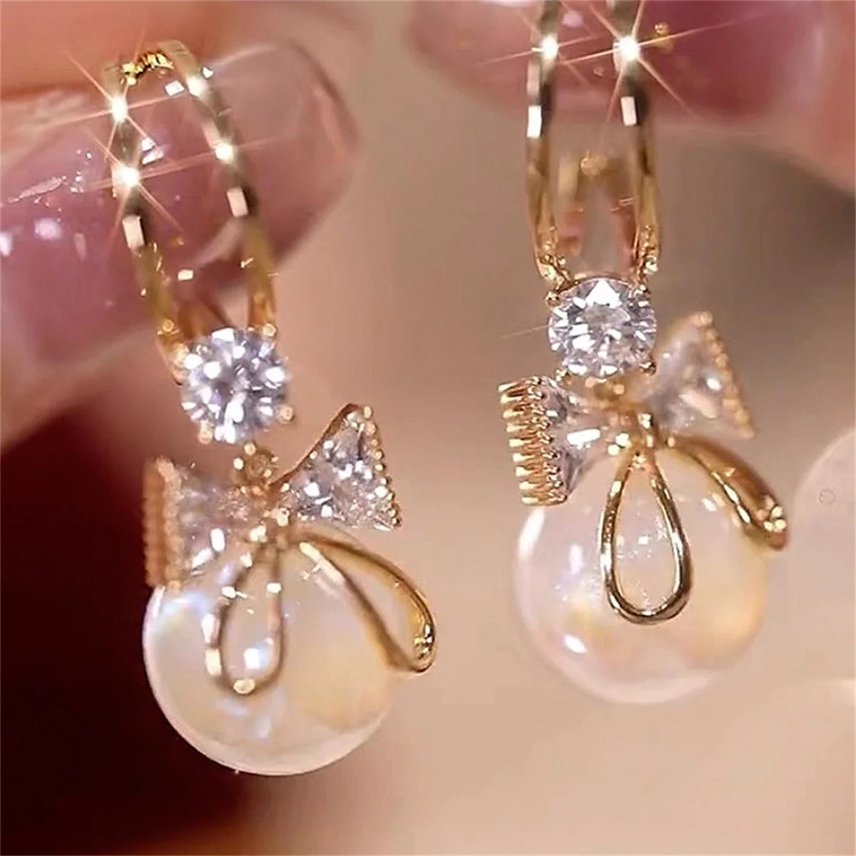 Crystal Bow Earrings with Natural Stone Drop Design Gold Korean Style