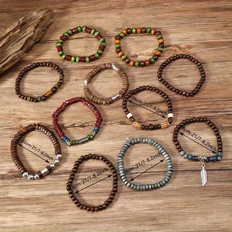 10pcs Vintage Bohemia Men's Bracelets - Fashion Stylish Leaves Wristwear Accessory for Durable Fashion Jewelry Gifts
