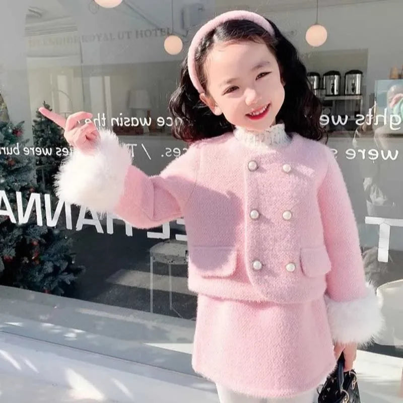 2025 New Year's Girls' Set with Cotton and Thickened Small Fragrant Plush Jacket+ Hip Hugging Skirt Winter New Clothing Suits
