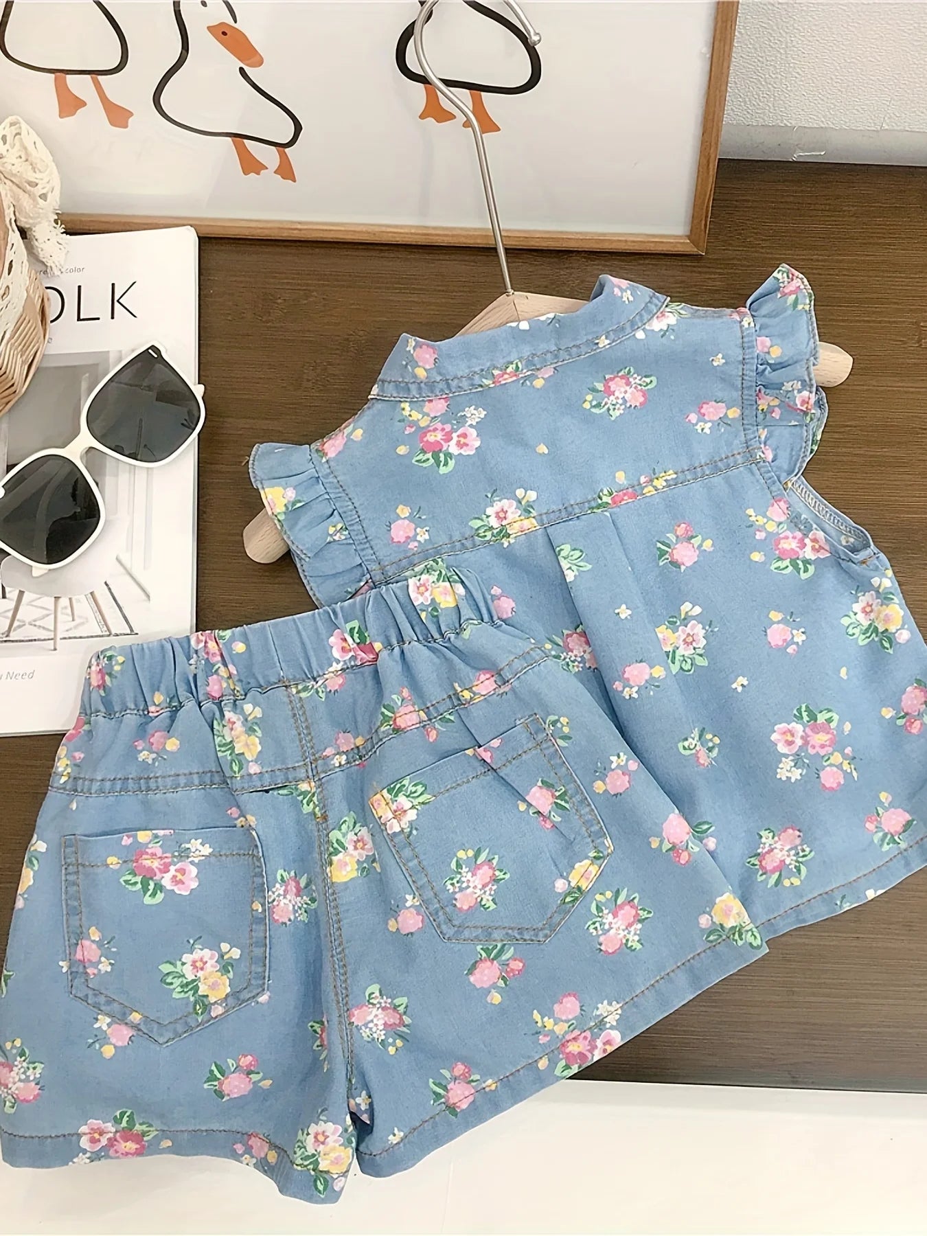 2025 Summer New Foreign-style Thin Section Fly Sleeve Floral Print Short-sleeved Shorts Set, Baby Girl Summer Two-piece Suit