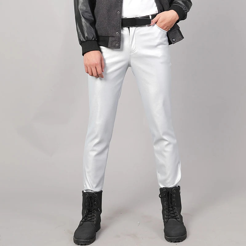 Elastic PU Leather Pants Mens Slim Stretch Trousers Thin Velvet Windproof Motorcycle Trousers Outdoor Work Biker Leather Pants