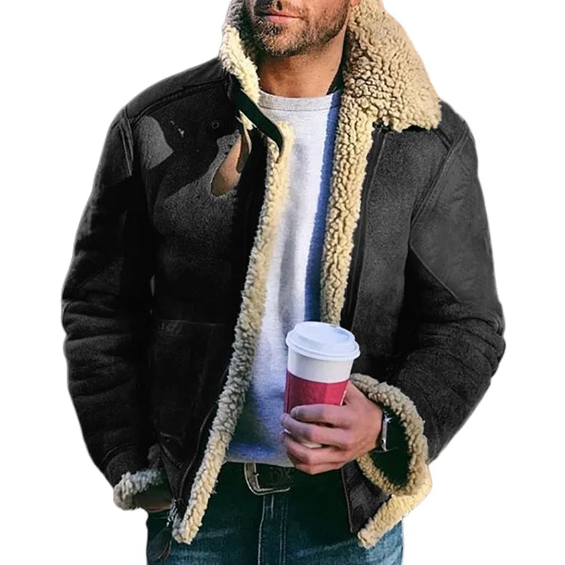 New Men's Winter Jacket Thick Warm Faux Leather Warm Coats Fashion Turn Down Collar Contrasting Color Suede Fur One-Piece Jacket