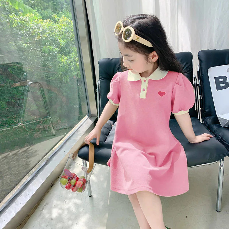 2026 Korean dress  children girls' summer lapel with embroidery  ruffle hem princess dress1-6Y
