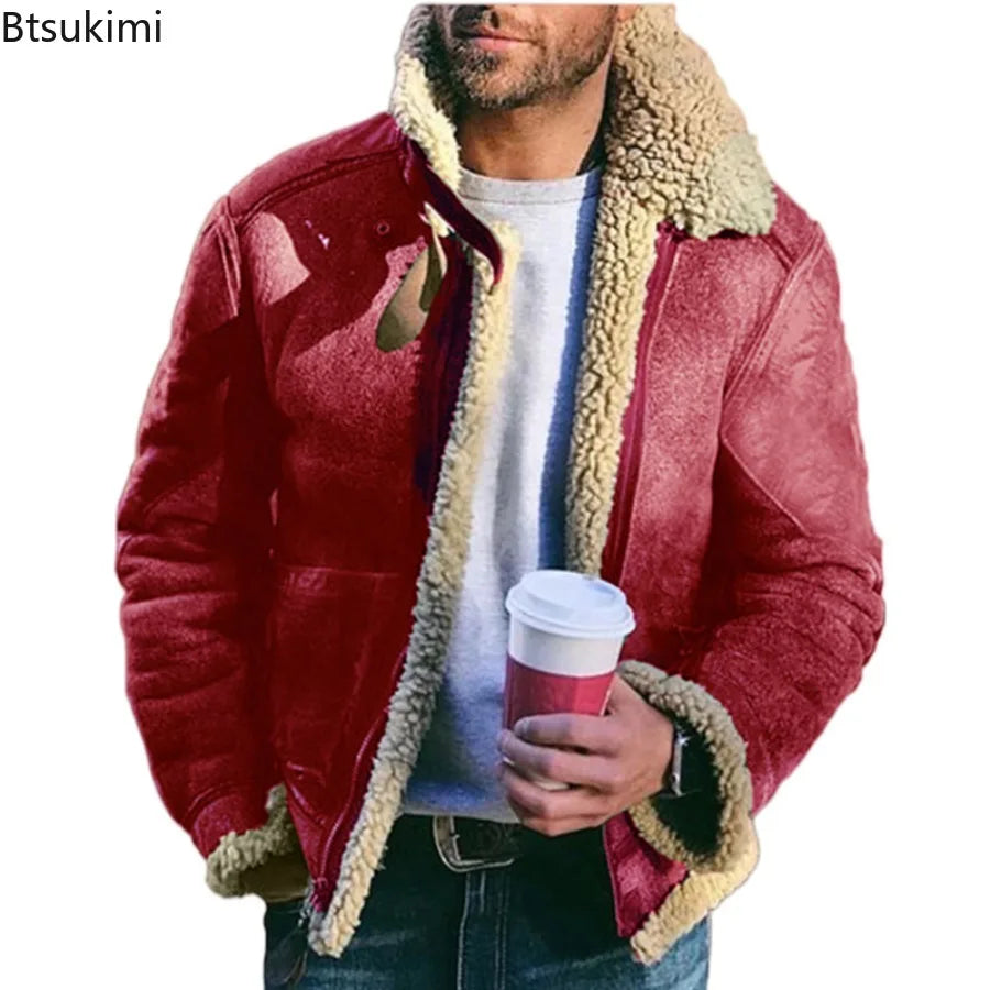 New Men's Winter Jacket Thick Warm Faux Leather Warm Coats Fashion Turn Down Collar Contrasting Color Suede Fur One-Piece Jacket