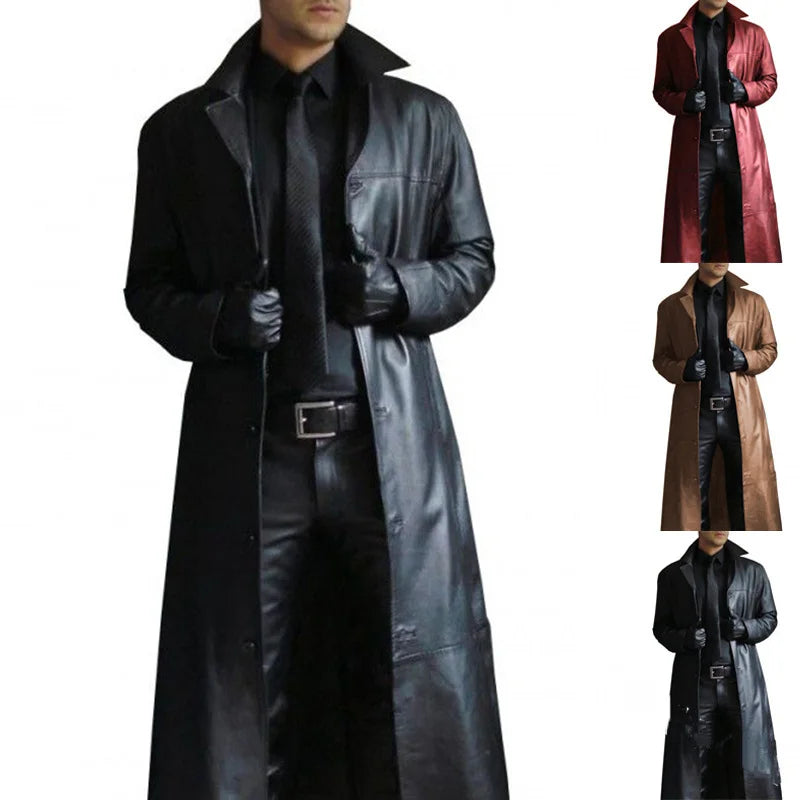 2026 Men Faux Leather Trench Fashion Long Sleeve Autumn Windbreaker Coat Slim Leather Long Leather Jacket Men's Jacket Outwear