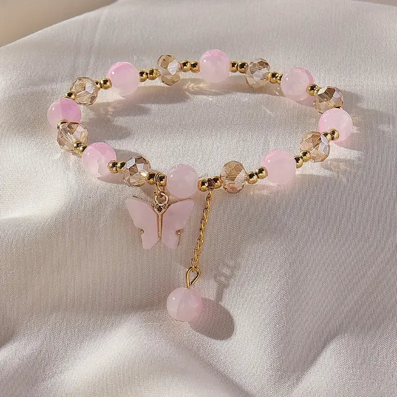 Purple Butterfly Charm Beaded Stretch Bracelet For Women Multi Color Crack Faceted Beads Round Charm Cute Girls Jewelry Gift