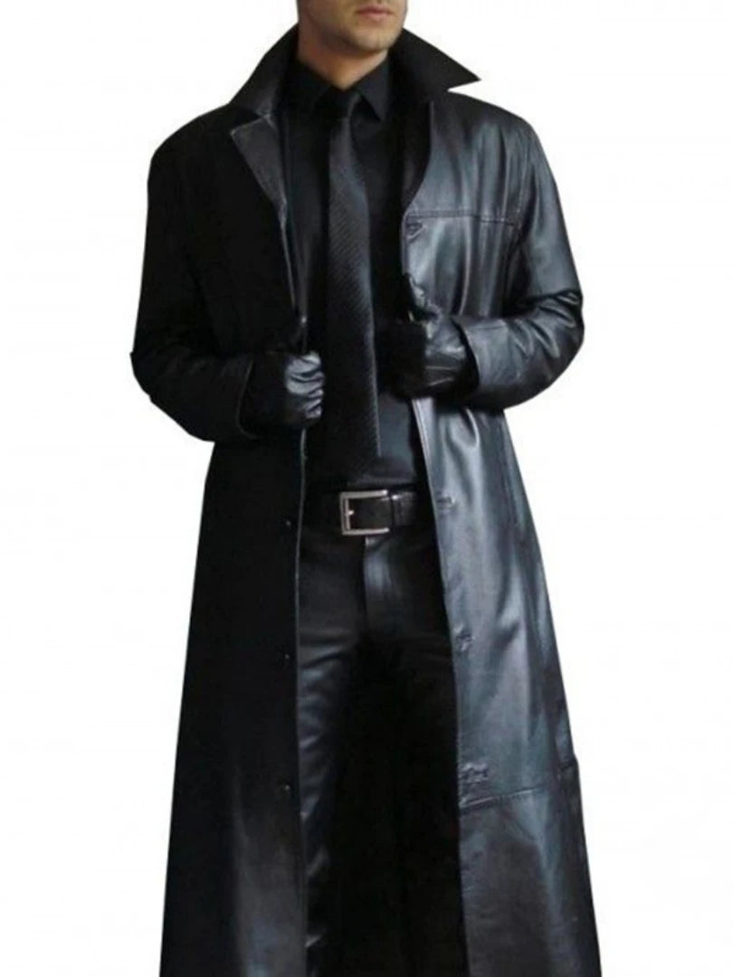 2026 Men Faux Leather Trench Fashion Long Sleeve Autumn Windbreaker Coat Slim Leather Long Leather Jacket Men's Jacket Outwear