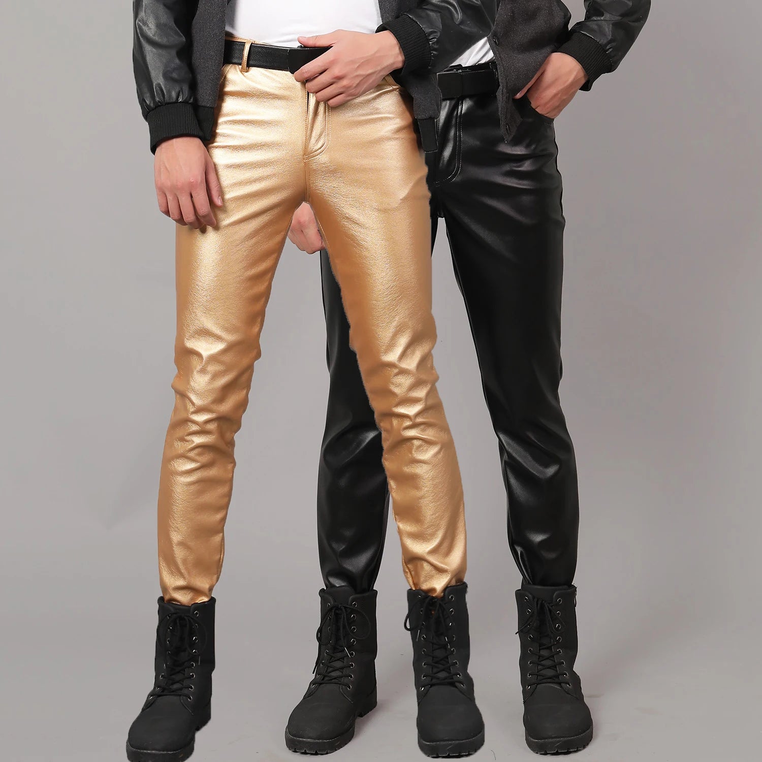 Elastic PU Leather Pants Mens Slim Stretch Trousers Thin Velvet Windproof Motorcycle Trousers Outdoor Work Biker Leather Pants