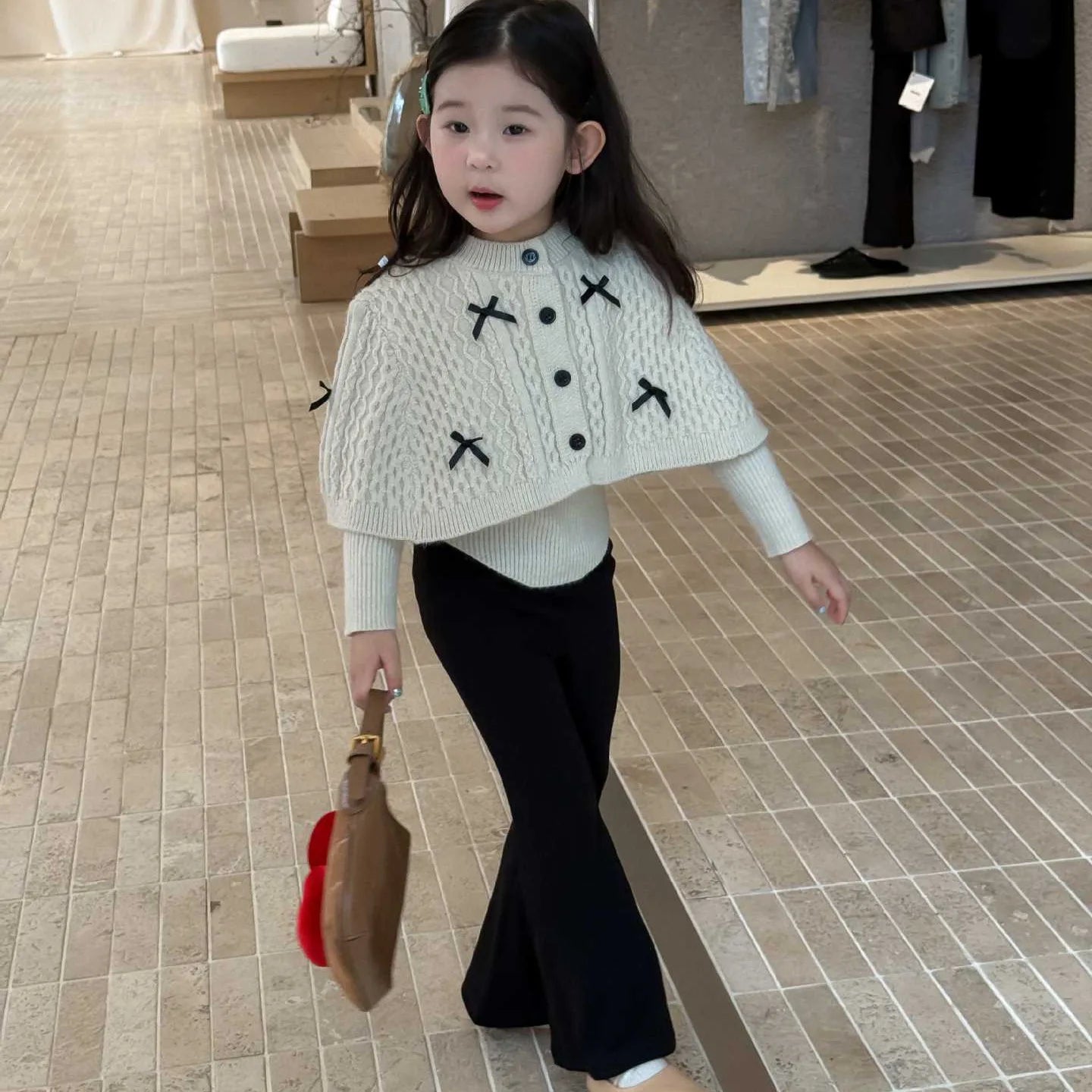 2025 Autumn New Children Clothing Korean Children Clothing Girls Retro Bow Sweater Cape Sweater Two Piece Set