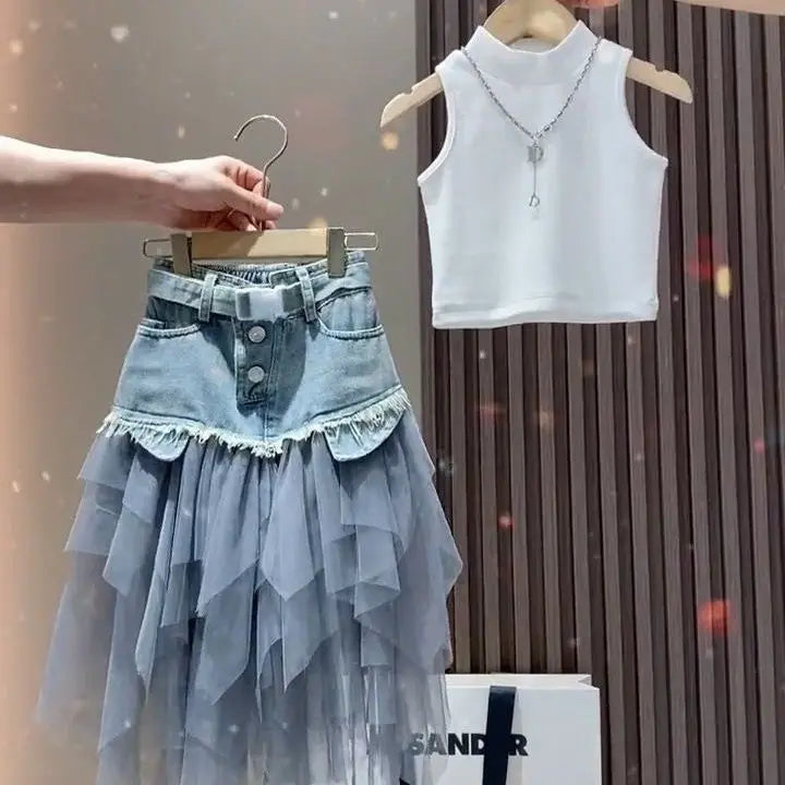 Girls' Summer New Set 2025 Korean Version Baby Girl Tank Top Mesh Splicing Cowboy Skirt Set kids jacket