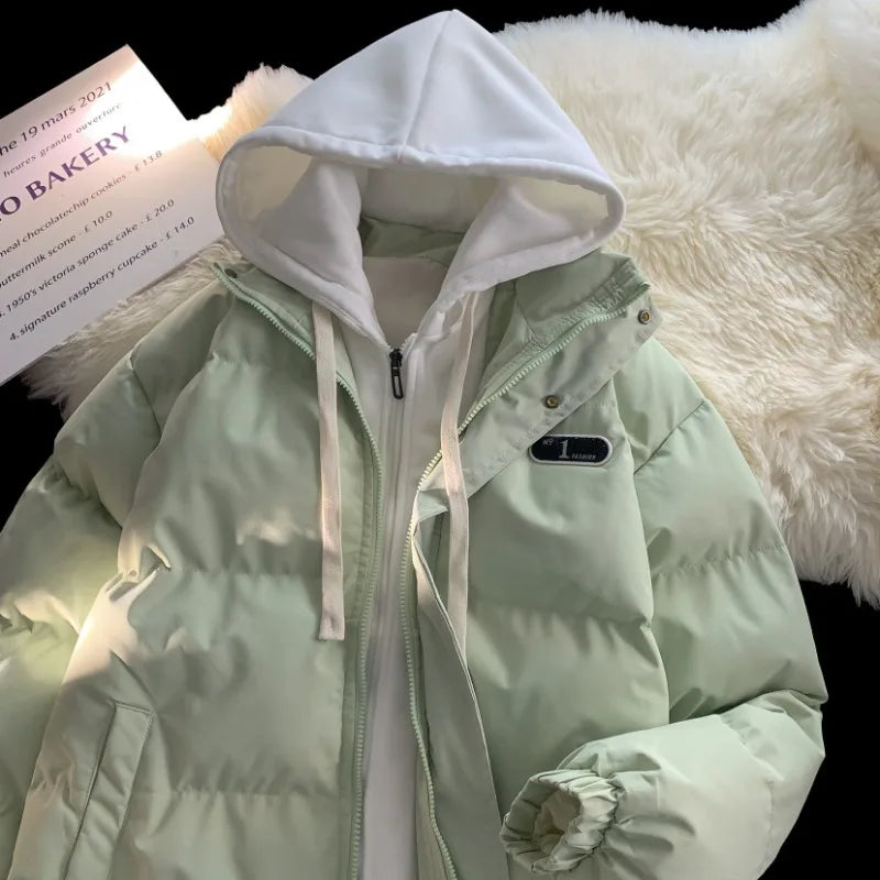 Winter New Fashion Splicing Hooded Fake Two-piece Design Sense Bread Clothes Women Y2K New Korean Version Thick Warm Coats