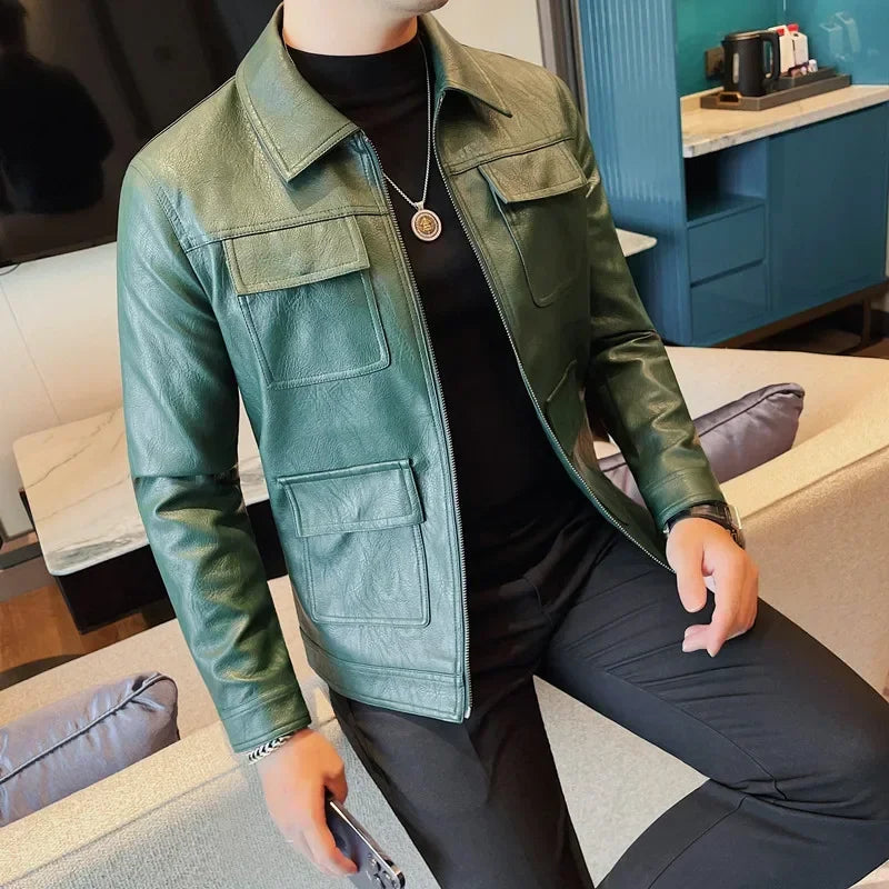 Autumn Winter High Quality Faux Leather Jacket Fashion Multi Pocket Design PU Leather Coats Man Vintage Business Slim Fit Coats