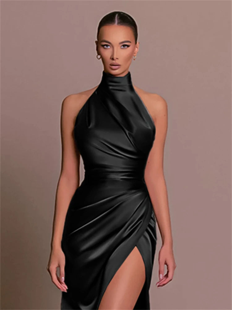 Ladies Summer Satin Evening Birthday Party Dresses Women Sleeveless Backless Halter Side Slit Elegant Long Dress Mowan Clothes