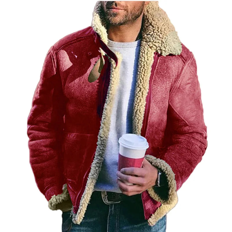 New Men's Winter Jacket Thick Warm Faux Leather Warm Coats Fashion Turn Down Collar Contrasting Color Suede Fur One-Piece Jacket