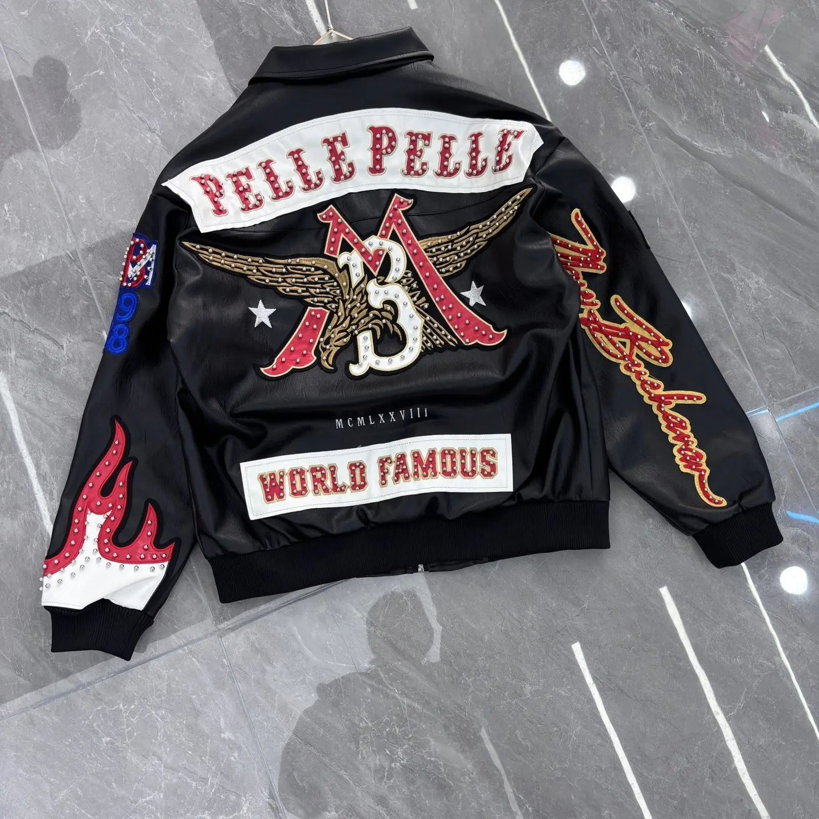 American retro cool design flame decoration hip-hop eagle nail motorcycle embroidery leather jackets winter version mens jacket