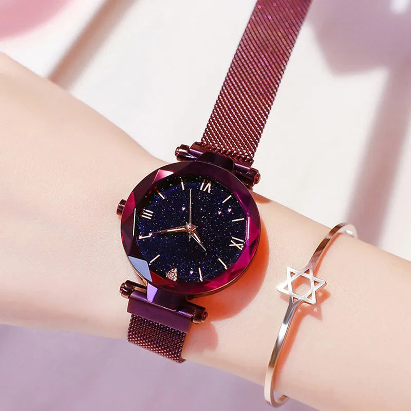 Womens Fashion Starry Sky Watches Magnet Buckle Mesh Belt