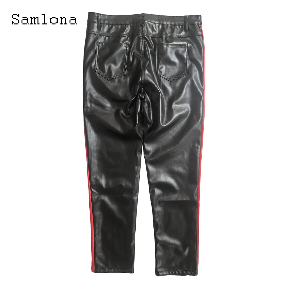 2025 Men's Rock Style PU Leather Pants Sexy Night Club Dance Pants Hommes Side Striped Faux Leather Slim Motorcycle Trousers New