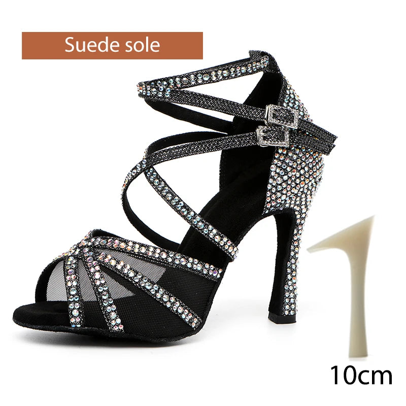 DKZSYIM Rhinestone Women Latin Dance Shoes Latin Salsa Girl Dancing Shoes Black Shiny Ballroom Dance Shoes For Girls Ladies