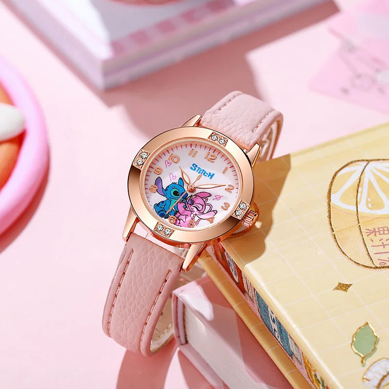 Fashion Cartoon Pattern Stitch Girls Watches Kids Leather Strap Children Watch with Rhinestone Dial reloj stich Exquisite Gift