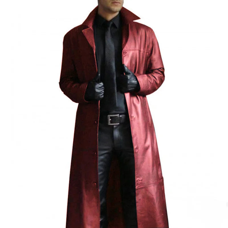 2026 Men Faux Leather Trench Fashion Long Sleeve Autumn Windbreaker Coat Slim Leather Long Leather Jacket Men's Jacket Outwear