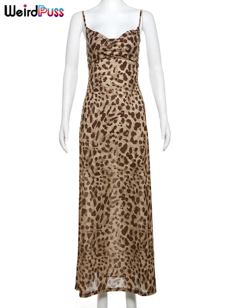 Weird Puss Leopard Print Dress Woman Summer Sexy Swing Collar Spaghetti Straps Backless Ruffles Party Clubwear Skinny Vestidos