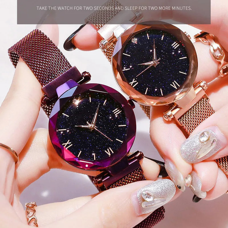Womens Fashion Starry Sky Watches Magnet Buckle Mesh Belt