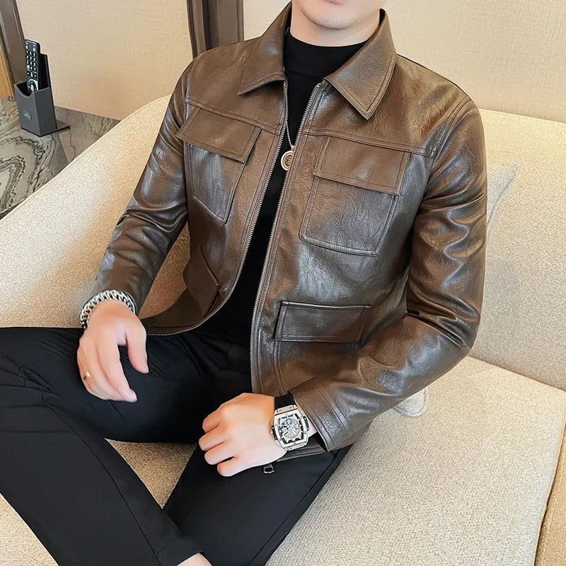 Autumn Winter High Quality Faux Leather Jacket Fashion Multi Pocket Design PU Leather Coats Man Vintage Business Slim Fit Coats