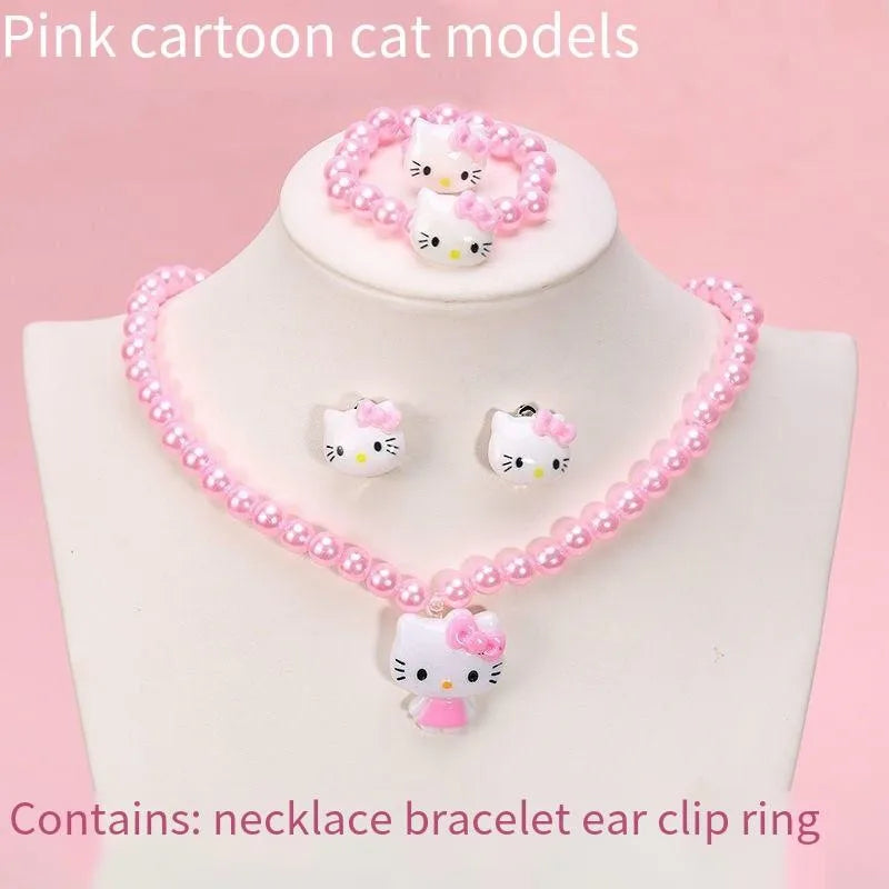 4pcs/set Cartoon Kawaii Hello Kitty Necklace Hairclips Ring Set Toy Kids Hairpins Girl Heart Accessories Birthday Gifts