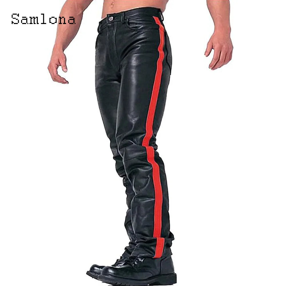 2025 Men's Rock Style PU Leather Pants Sexy Night Club Dance Pants Hommes Side Striped Faux Leather Slim Motorcycle Trousers New
