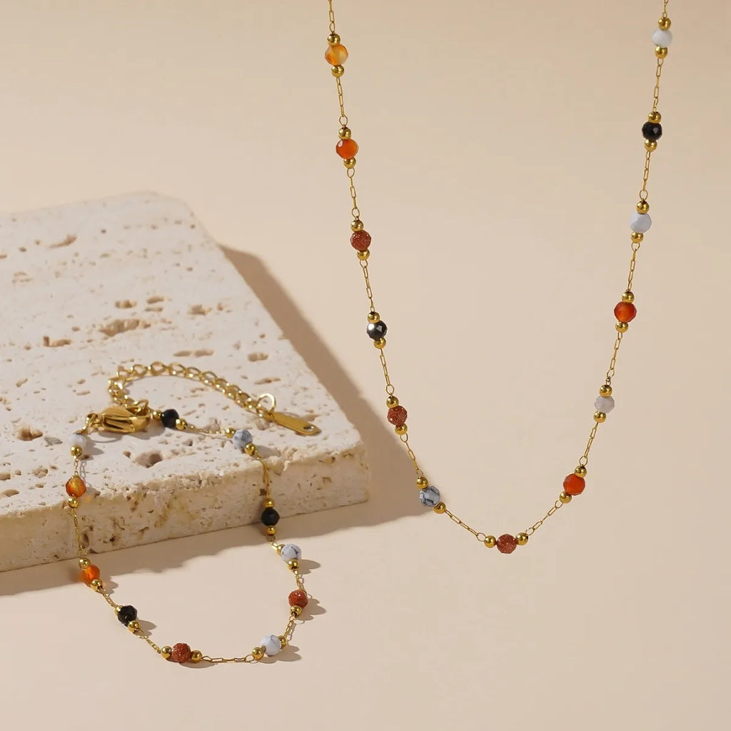 ZAKOL 316L Stainless Steel Natural Colored Beads Necklace Bracelet Bohemian Trend Non-fading Colorful Jewelry Set Gift