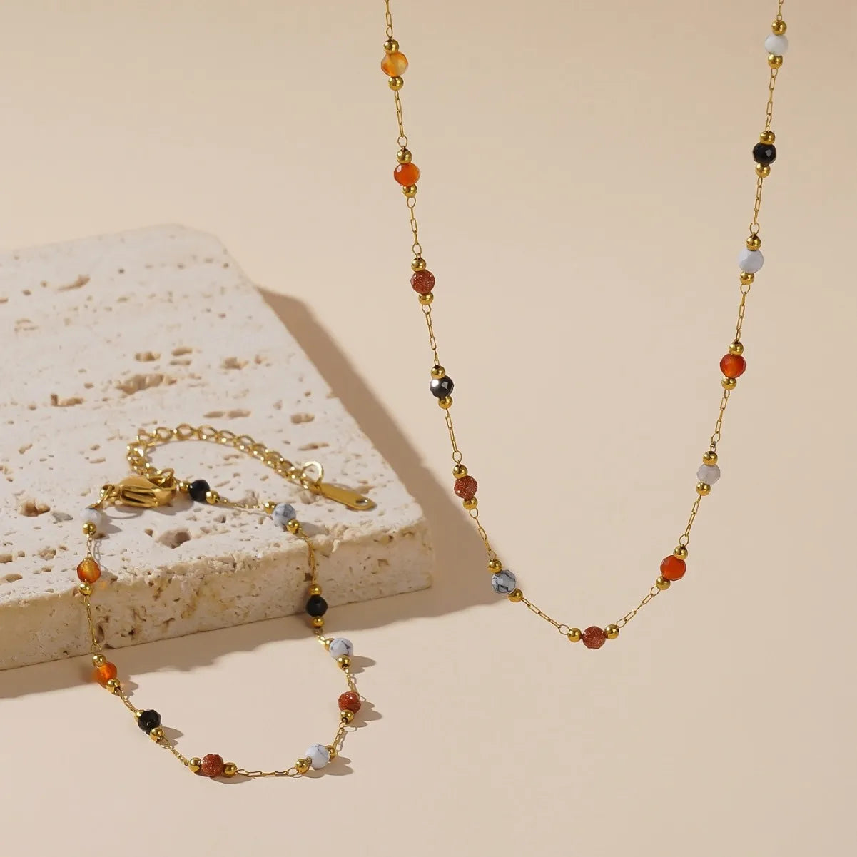 ZAKOL 316L Stainless Steel Natural Colored Beads Necklace Bracelet Bohemian Trend Non-fading Colorful Jewelry Set Gift