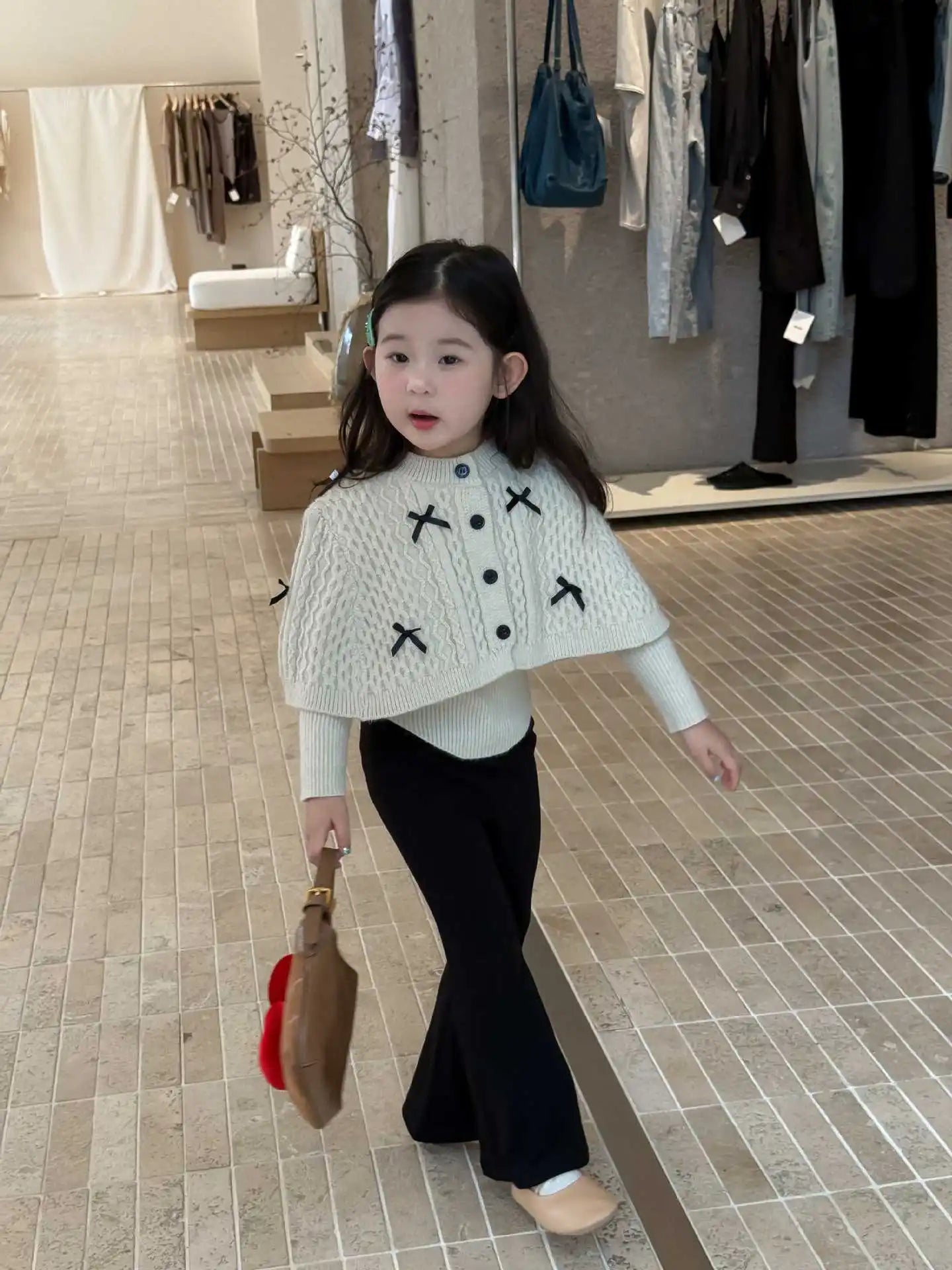2025 Autumn New Children Clothing Korean Children Clothing Girls Retro Bow Sweater Cape Sweater Two Piece Set