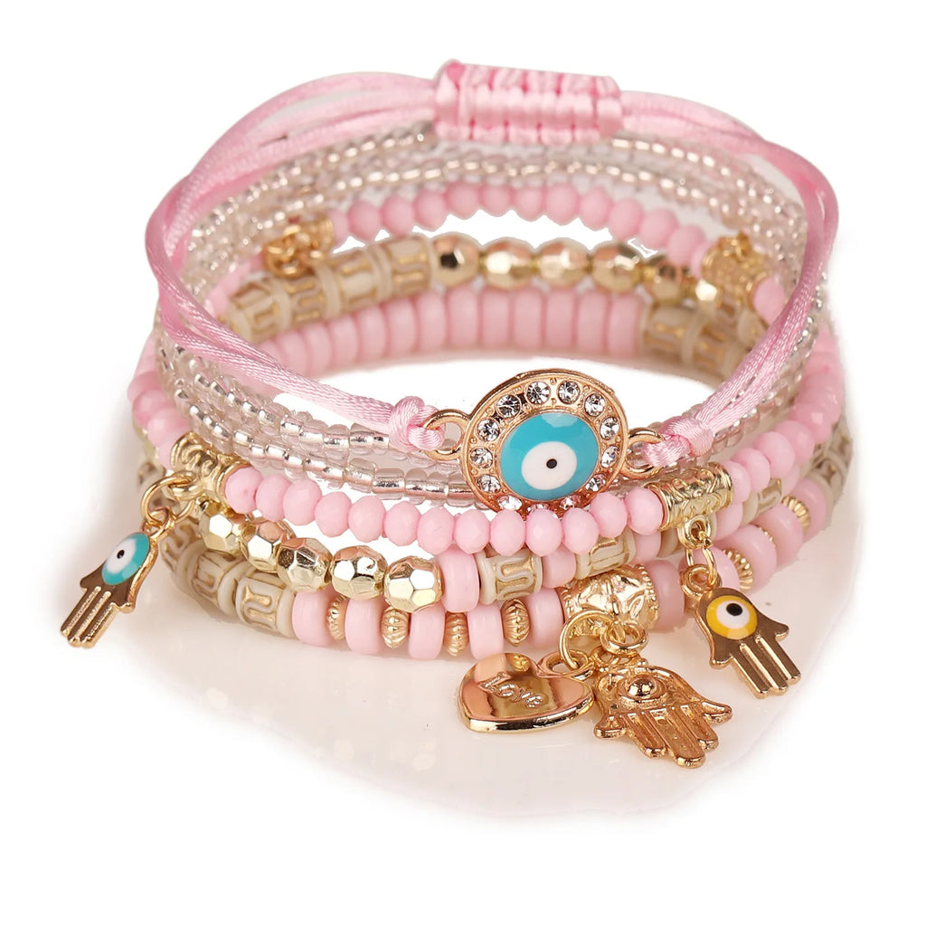 6Pcs/set Bohemian Evil Eye Bracelet Set For Women Fatima Hand Heart Charm Beaded Rope Chain Bangle Female Jewelry Gift